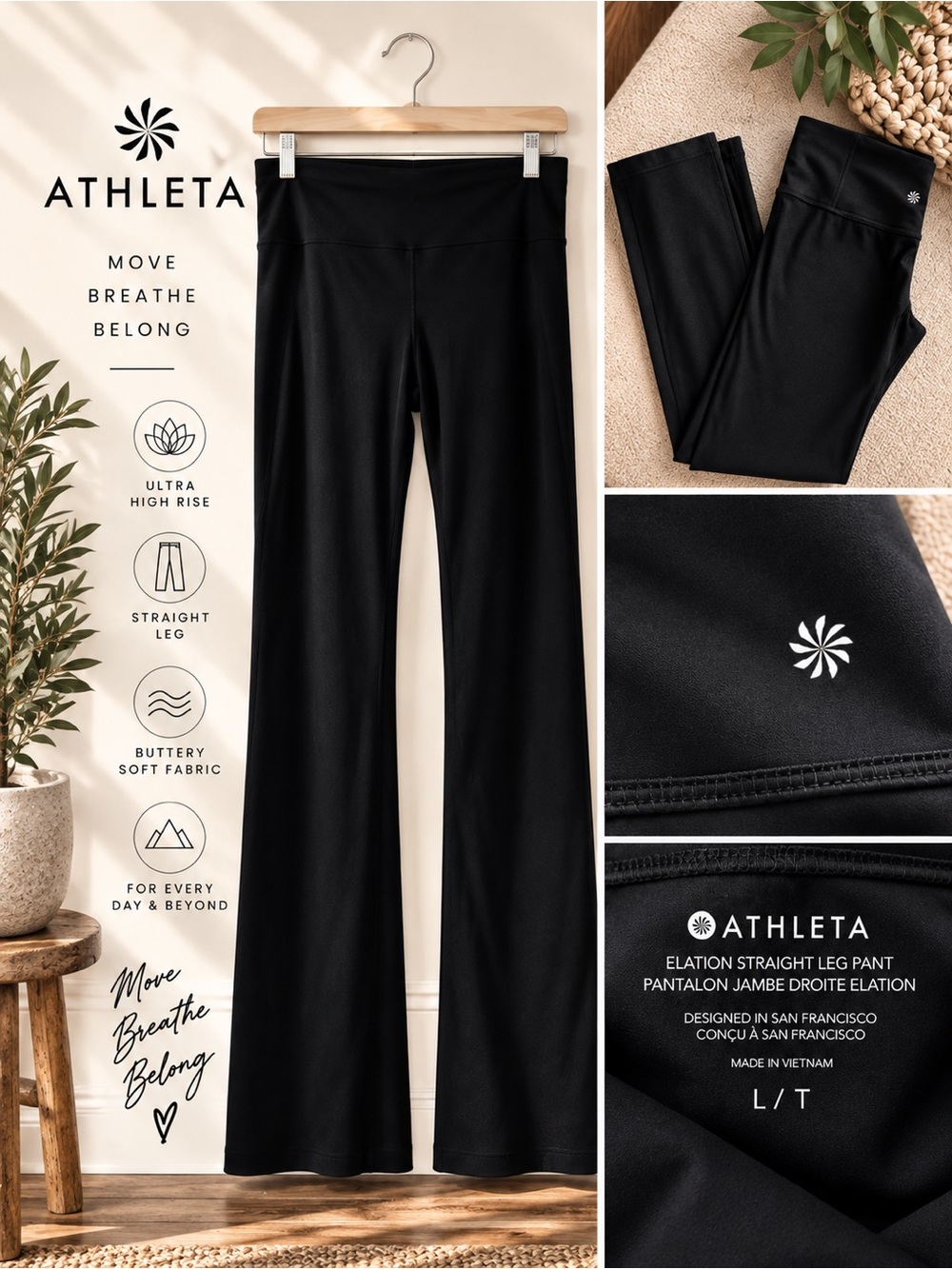 Athleta Elation Ultra High Rise Straight Leg Pants Black Large Tall L/T